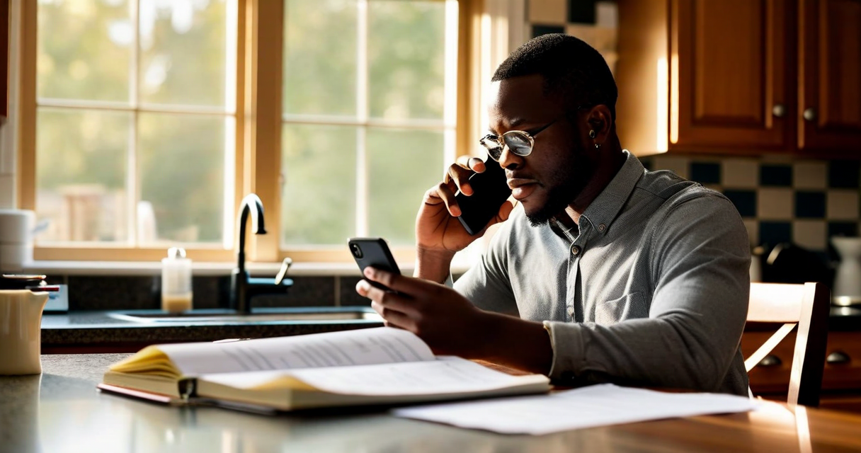 homeowner on phone at kitchen table with notebook and insurance documents, focused and organized