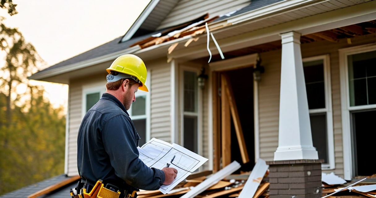 contractor reviewing damage estimates at storm-damaged house exterior, professional setting, insurance claims