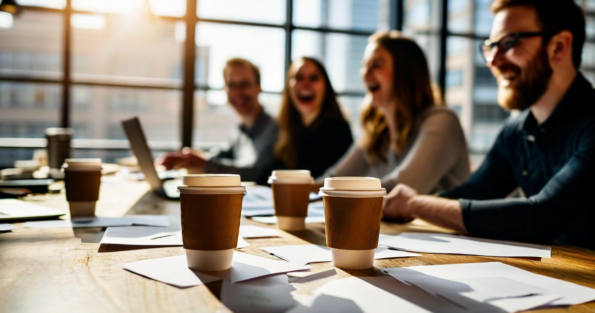 startup team celebrating funding announcement in a modern office, Denver, candid warm tone, professional