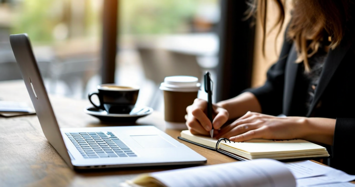 person sitting at table with notebook and laptop writing an inventory list, organized purposeful setting