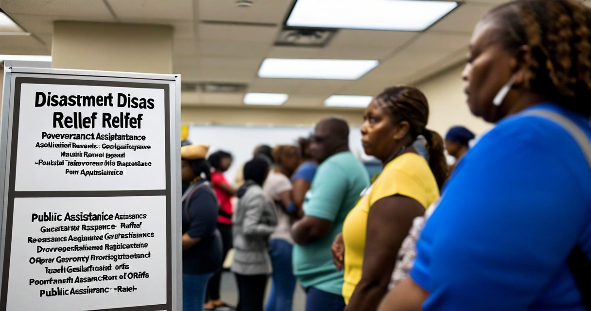 government disaster relief office with signage and people waiting in line, public assistance programs