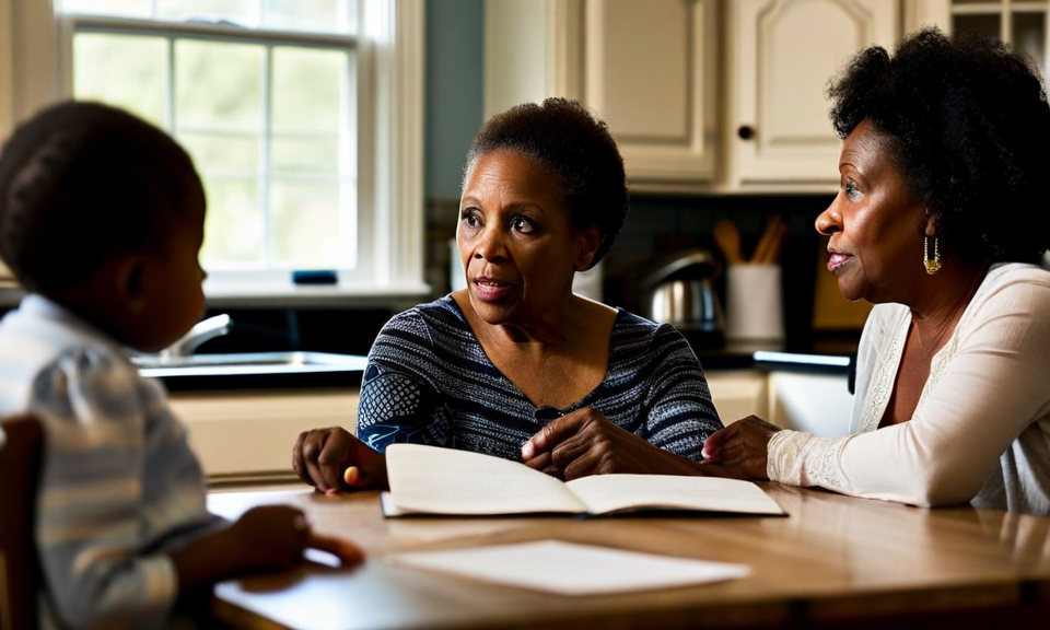 professional advisor meeting with disaster survivor family at kitchen table, supportive consultation