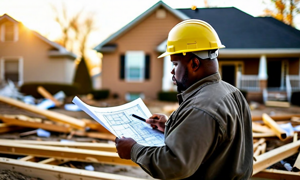 construction contractor reviewing plans at damaged house, post-disaster reconstruction