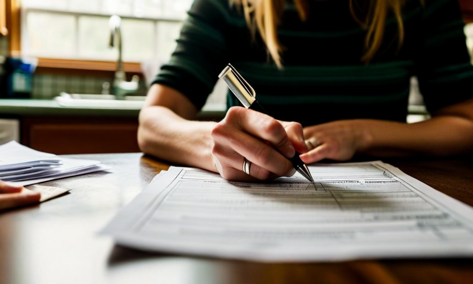 person filling out government forms at kitchen table after disaster, paperwork, FEMA assistance