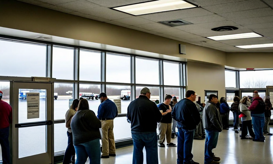 government disaster relief office with signage and people waiting in line, public assistance