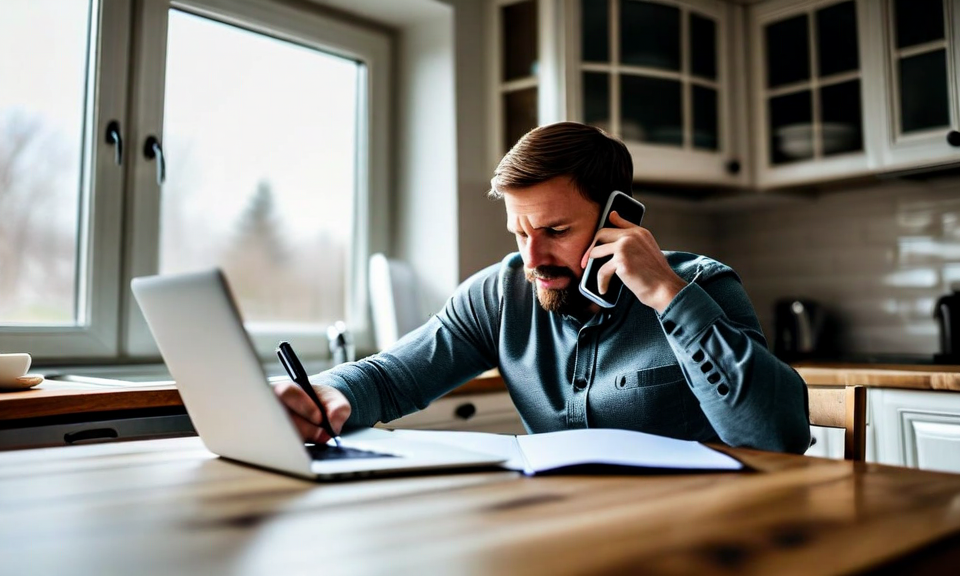 homeowner on phone with insurance adjuster, taking notes