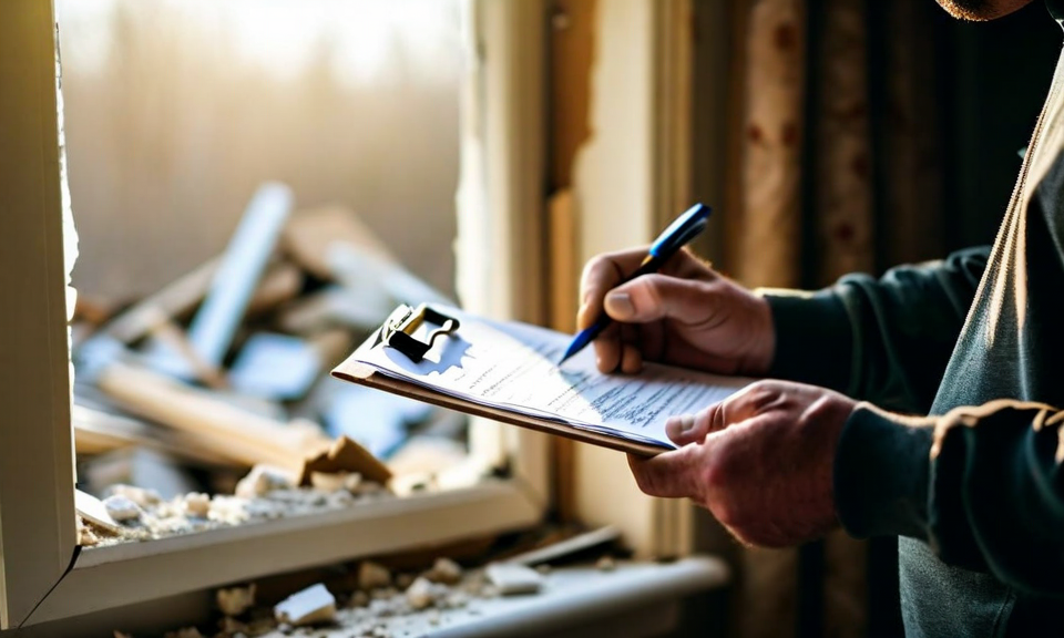 person with clipboard doing inventory of damaged personal property, disaster recovery