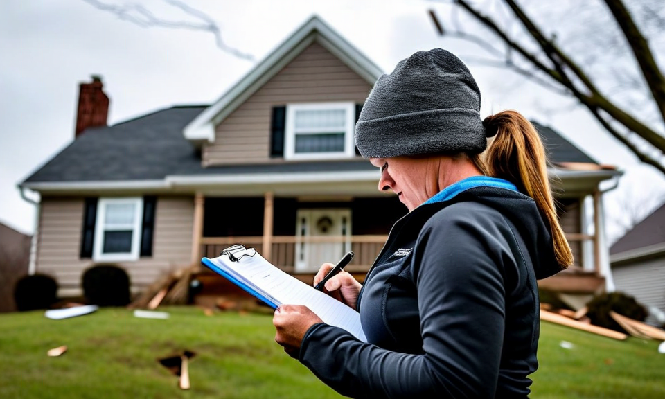 homeowner surveying storm damage to house exterior, taking notes on phone